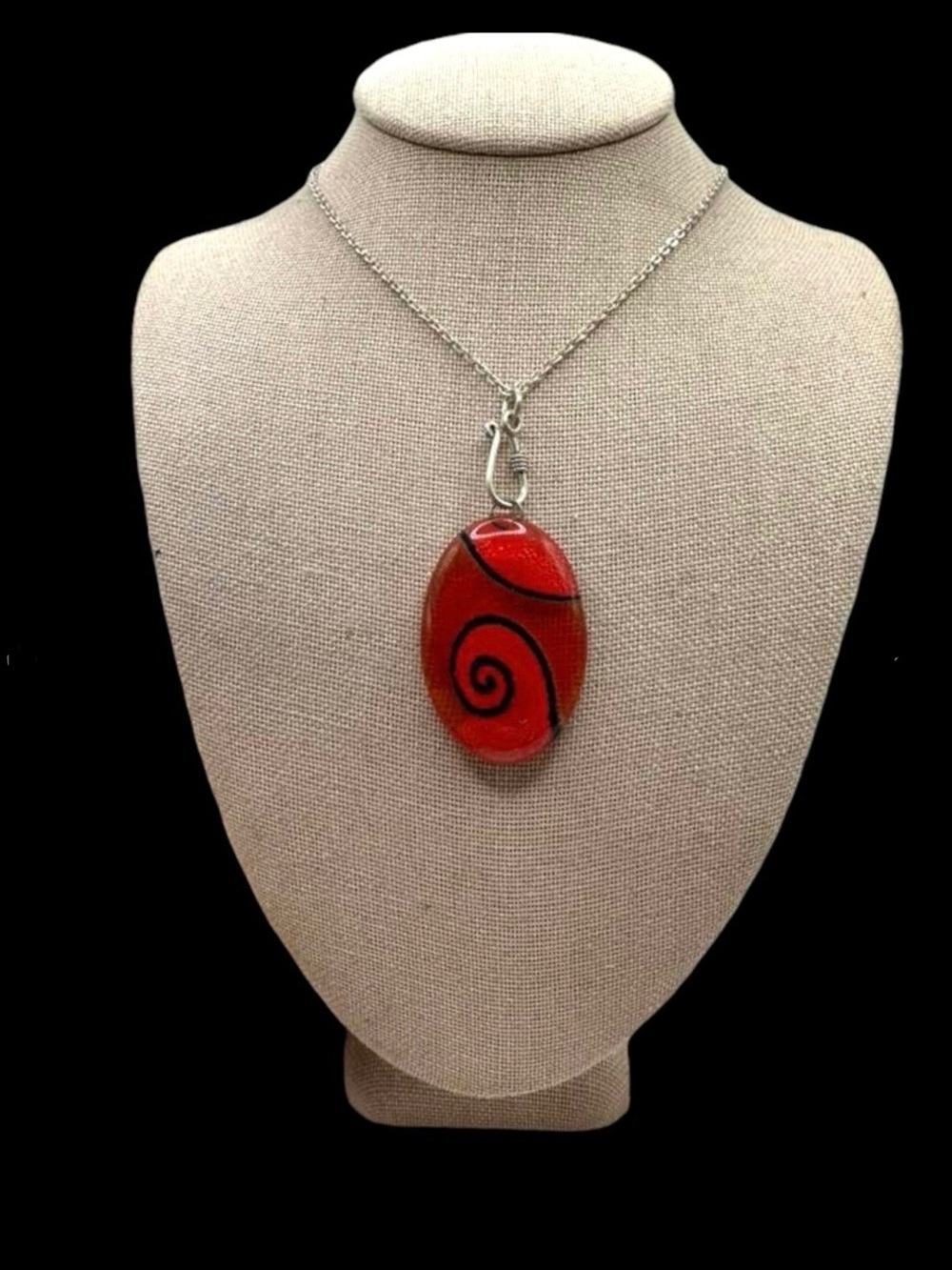 Red Swirl Glass Pendant Necklace - Sterling Silver Chain